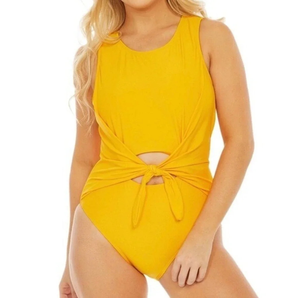 Nicole Miller Yellow Tie Front Sash Cutout One Piece Swimsuit Open Back Marigold